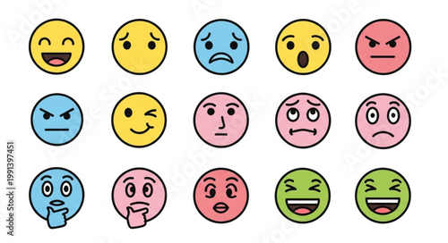 Collection of Diverse Emoji Faces Expressing Various Emotions.