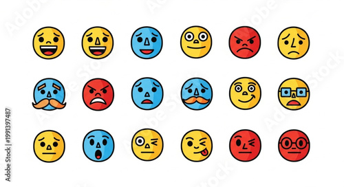 Collection of Diverse Emoji Faces Expressing Various Emotions.