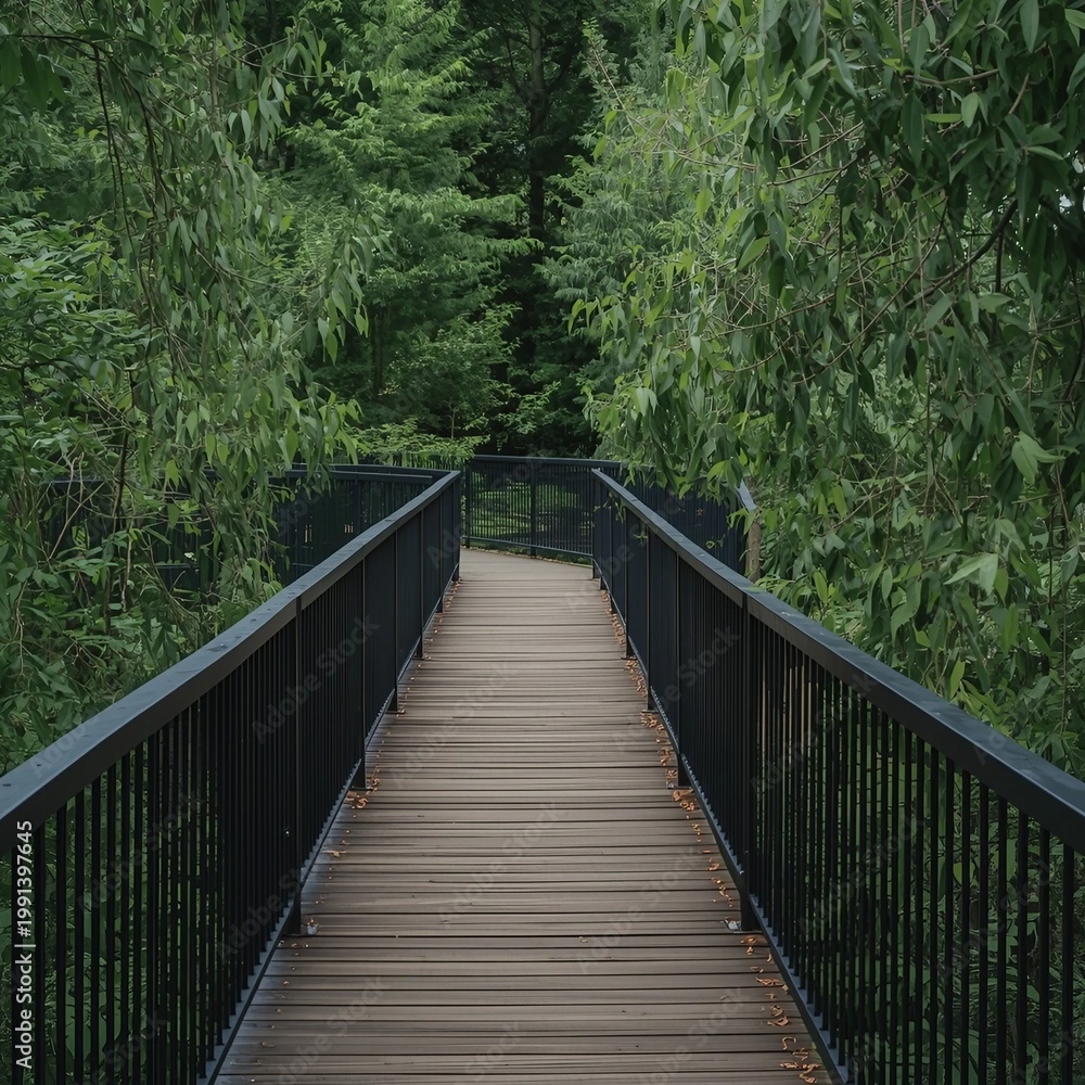 Obraz premium Curved Wooden Walkway Through Lush Green Forest Canopy