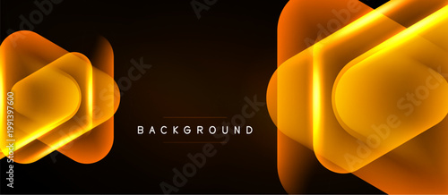 Abstract golden layers over dark backdrop. Geometric shapes create luminous effect. Modern design for presentations, banners.