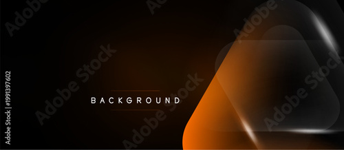 Abstract design features overlapping orange shapes on black background. Text reads BACKGROUND. Minimalist, modern aesthetic.