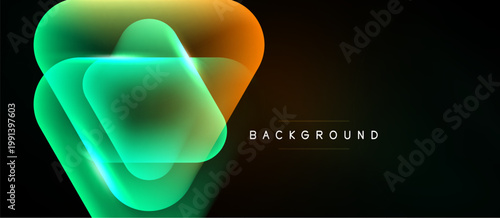 Abstract glowing shapes overlap, creating vibrant gradient effect. Dark background emphasizes bright colors, modern design element.