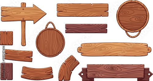 Cartoon Wooden Signboard Set with Blank Planks, Hanging Round Boards, and Directional Arrows for Game User Interface, Forest Adventure, and Rustic Decorations