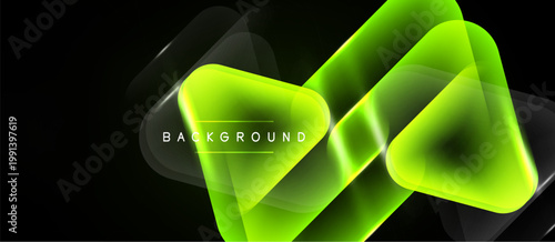 Abstract neon shapes overlap, creating vibrant glow effect. Dark background emphasizes bright green luminosity. Modern design element.