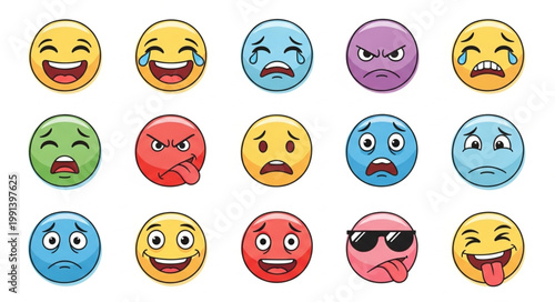 Collection of Diverse Emoji Faces Expressing Various Emotions.