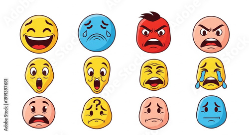 Collection of Diverse Emoji Faces Expressing Various Emotions.