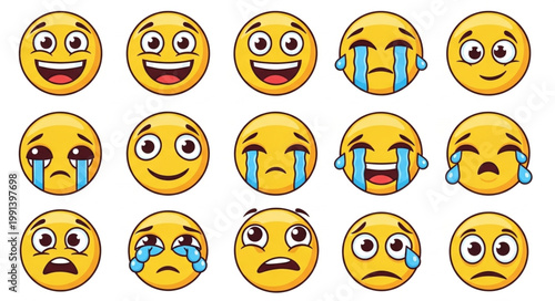 Collection of Diverse Emoji Faces Expressing Various Emotions.