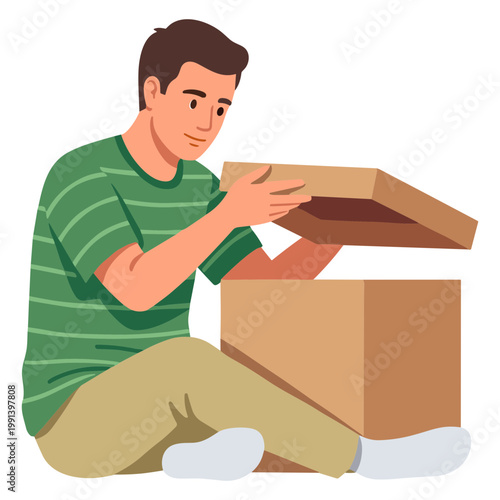 Man sitting on floor opening large brown cardboard box carefully indoors