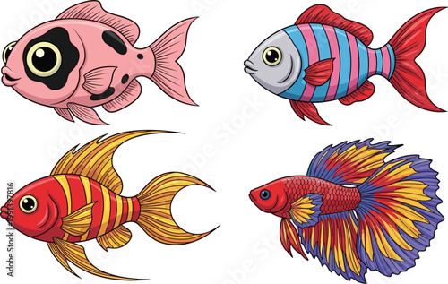 Colorful Exotic Tropical Fish Collection Featuring Betta, Tetra, and Unique Patterned Species for Aquarium Pet Shop Designs and Marine Life Graphic Projects