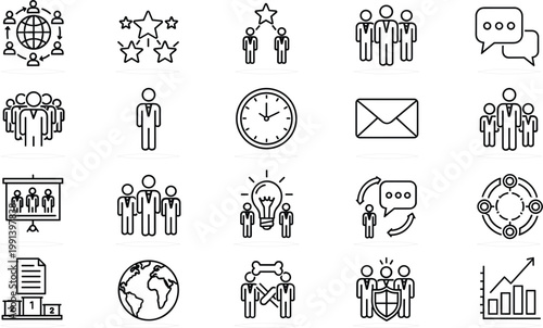 Business Management and Human Resources Line Icon Set Featuring Team Collaboration Leadership Success Rankings Global Communication Strategic Planning and Corporate Productivity Vector Illustration