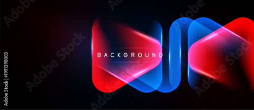 Abstract neon shapes overlap, creating vibrant red, blue glow. Dark background emphasizes luminosity, modern design element.