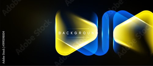 Neon shapes overlap, creating abstract design. Yellow, blue glow against dark background. Modern, vibrant visual element.