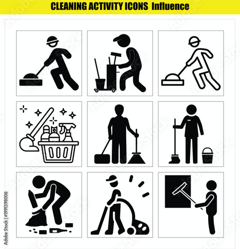 Set of various cleaning activity icons for household chores and maintenance work