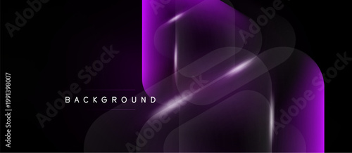 Abstract purple layers overlap, creating dynamic light effects. Dark background emphasizes vibrant color gradients. Modern design element.