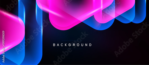 Abstract flowing ribbons, vibrant pinks, blues. Dark background creates dynamic visual effect. Modern design element.