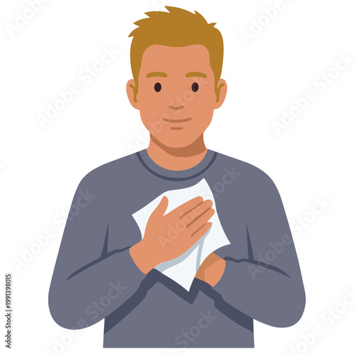 A man is holding a tissue to his chest in an illustration.