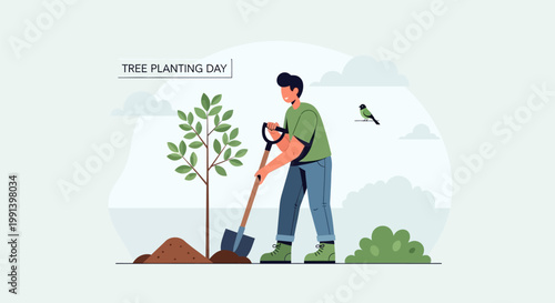 A man planting a young tree in the garden.