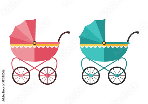 Vintage Baby Stroller Icons - Pink and Blue Retro Prams Vector Set Isolated on White