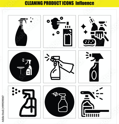 Set of various cleaning product icons and cleaning tools on white background