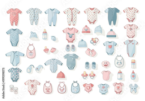 Baby Clothes and Accessories Vector Icon Set - Infant Essentials Collection with Onesies, Rompers, Hats, Bibs, and Bottles in Pink and Blue Pastel Colors
