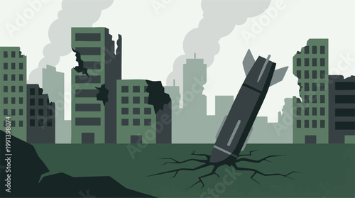 Canvas Print Wartime Cityscape with Missile Impact and Destroyed Buildings