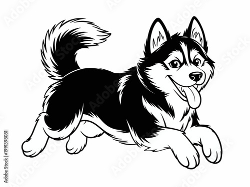 Black and white border collie dog sitting happily in a clean studio style vector illustration on a white background