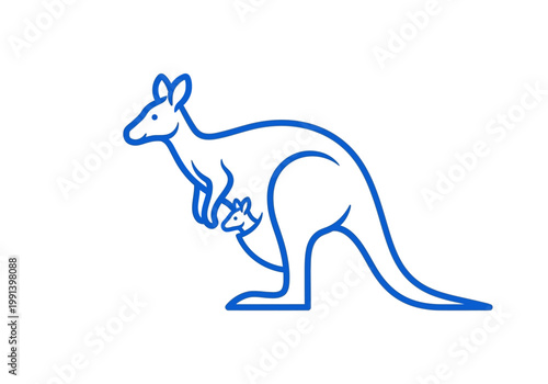Blue Minimalist Line Art Kangaroo with Joey in Pouch Illustration - Stylized Australian Wildlife Mother and Baby Icon Logo Design