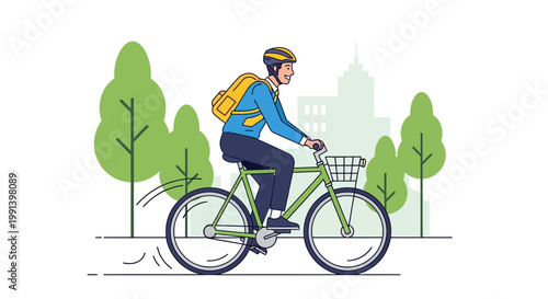 A male courier riding a bicycle in a city setting.
