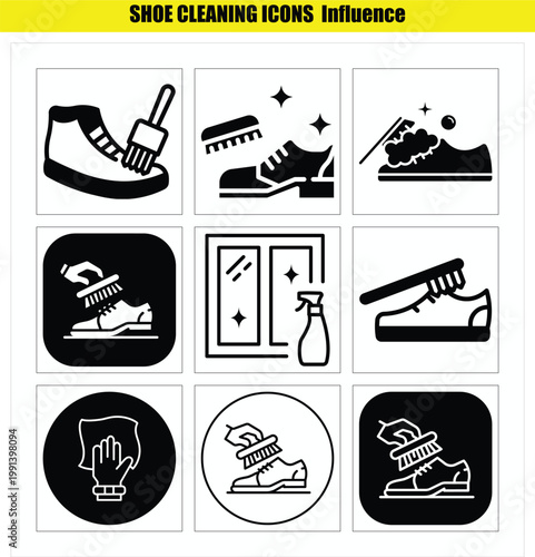 Shoe cleaning icons set with various cleaning tools and methods