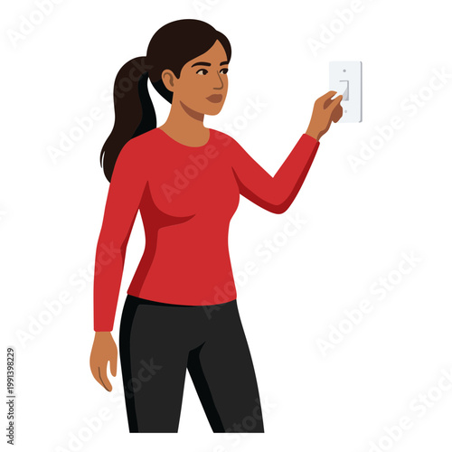 A woman in a red shirt is turning a light switch on.