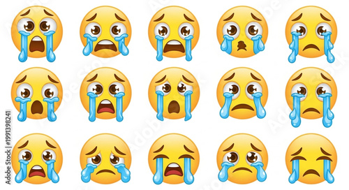Collection of Crying Emoticons Sad Faces Expressing Grief and Sorrow.