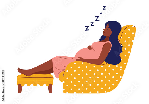 Pregnant Black Woman Sleeping in Comfortable Yellow Armchair Vector Illustration - Maternal Rest, Pregnancy Exhaustion, and Motherhood Concept