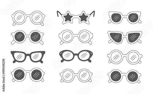 Valokuva Collection of twelve diverse hand drawn eyeglasses and sunglasses