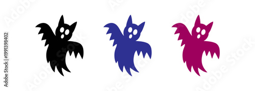 Three spooky ghost icons in black, blue, and purple for Halloween