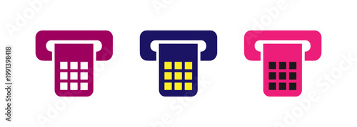 ATM machine icons with keypad and receipt in different colors