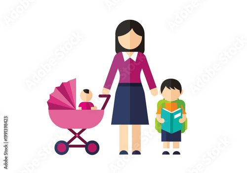 Flat Vector Illustration of a Mother with her Children, a Baby in a Pink Stroller and a Schoolboy Reading a Book, Isolated on White Background