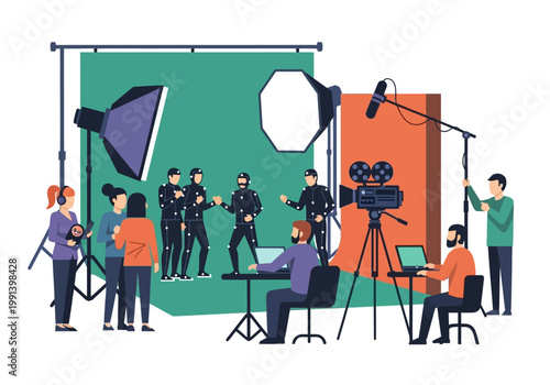 Professional Film Studio Vector Illustration of Motion Capture Actors on Green Screen with Crew and Equipment for Animation and Game Development