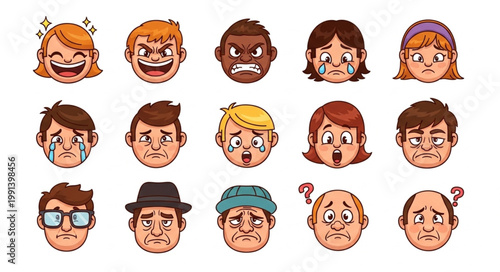 Collection of Diverse Cartoon Faces Expressing Various Emotions.