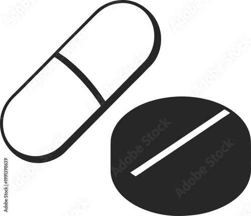Black and white illustration of a capsule and a pill