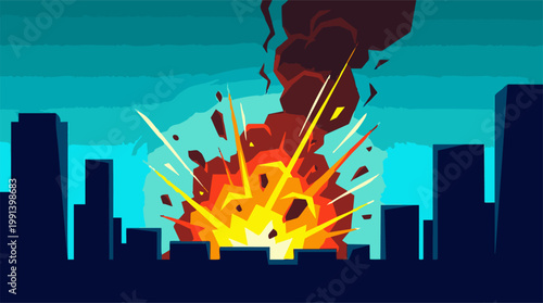 Canvastavla Massive explosion in a city with towering buildings and dark smoke