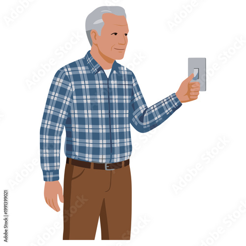 An older man holding a smartphone in his right hand looking at screen