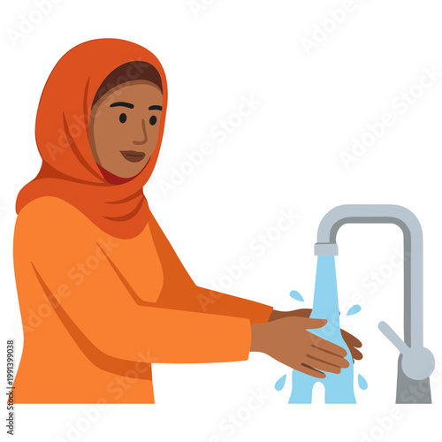 A woman wearing an orange hijab washes her hands under a running faucet.