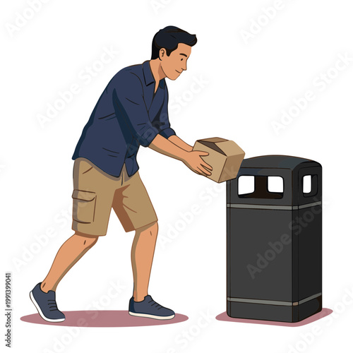 Man throwing cardboard box into black trash can on street