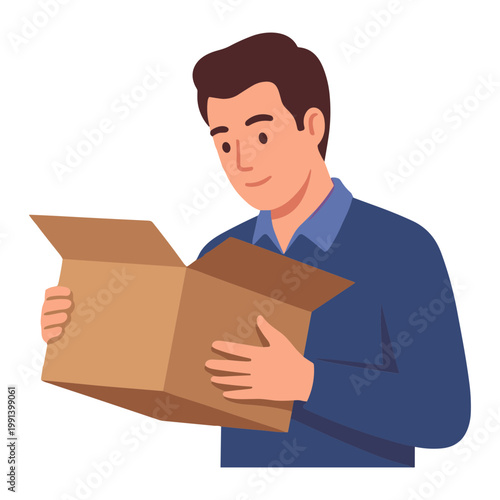 A man happily opens a cardboard box indoors with surprise