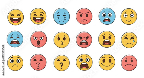 Collection of Diverse Emoji Faces Expressing Various Emotions.