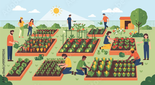 Group of diverse people working together in a community garden.