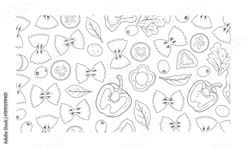 Hand drawn black and white pattern of farfalle pasta bell peppers olives and lettuce