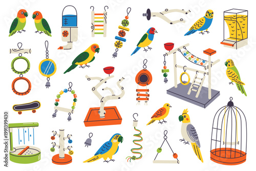 Pet birds clipart set, flat cartoon budgies, lovebirds, canaries, sun conures and macaws with perches, feeders, playgrounds, toys and water dispensers. Home bird care and pet shop vector illustration