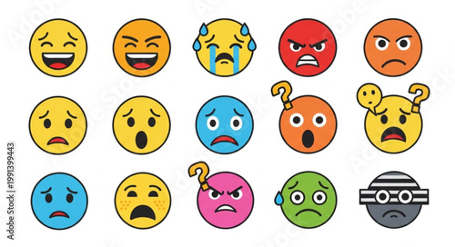 Collection of Diverse Emoji Faces Expressing Various Emotions.