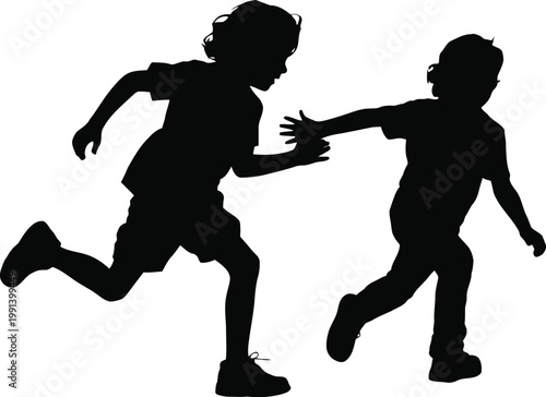 Children playing tag vector silhouette isolated on white background